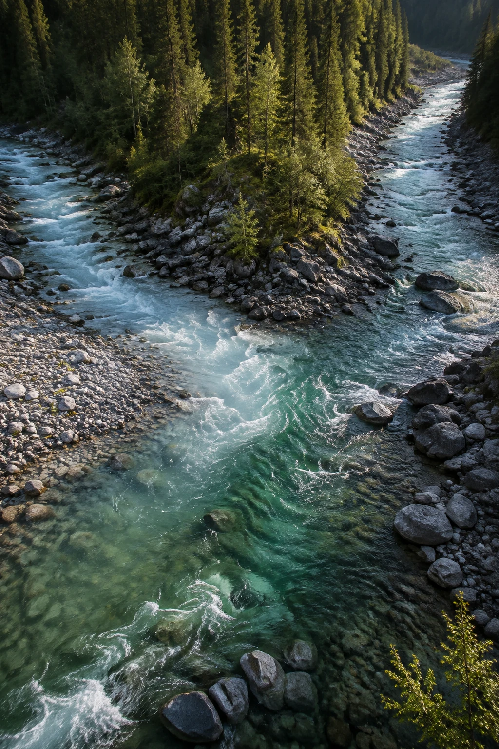 Mountain streams joining between forested banks